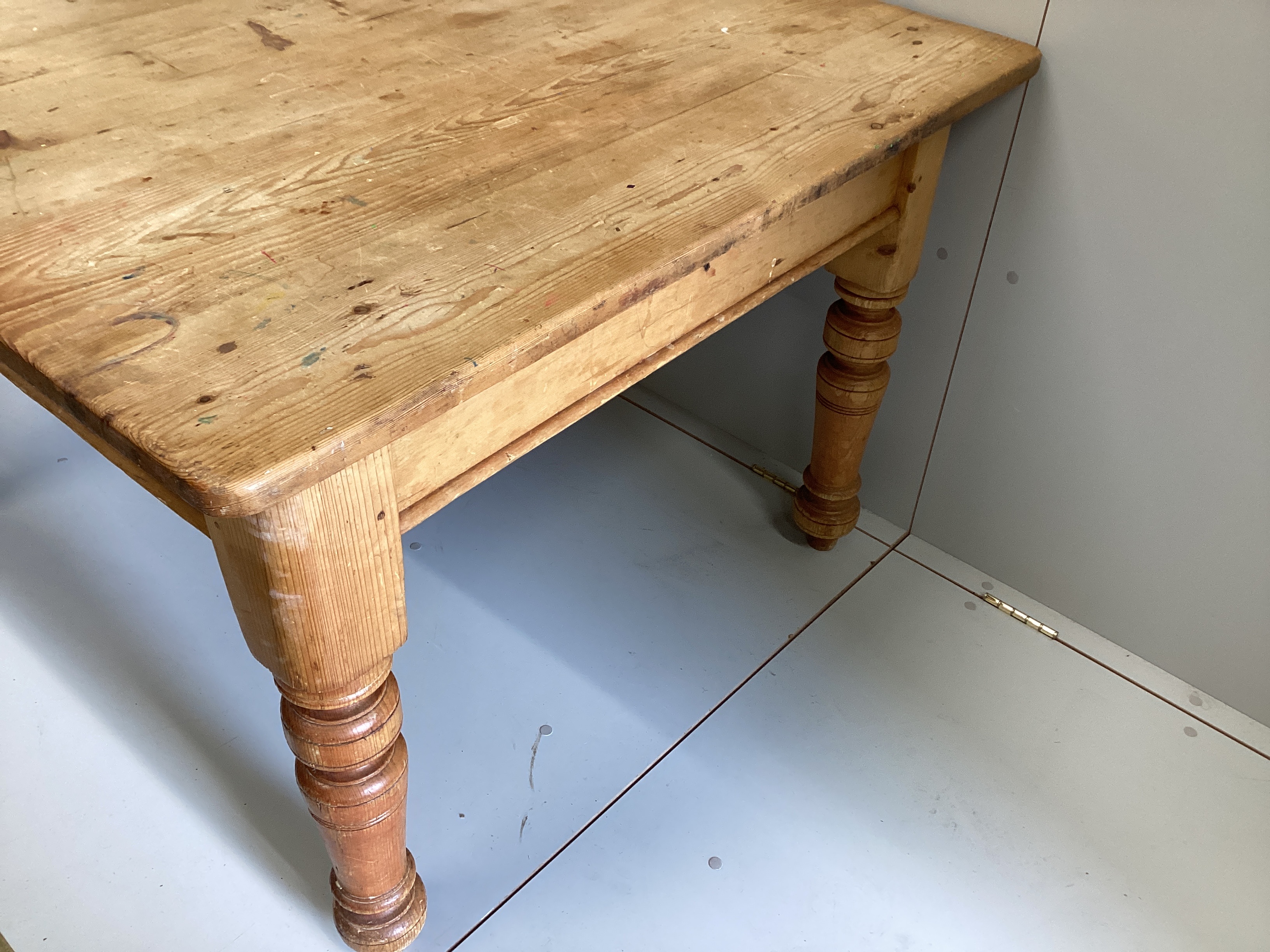 A Victorian rectangular pine kitchen table, fitted drawer, width 119cm, depth 105cm, height 73cm